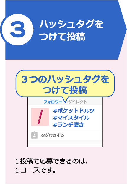 ハッシュタグをつけて投稿（３つのハッシュタグをつけて投稿、１投稿で応募できるのは、１コースです。）